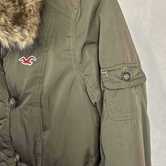 Hollister Womens Down Coat Sz Small Removable Faux Fur Collar Button & Zip Front - Picture 5 of 11